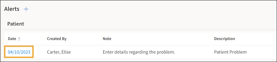 Alerts section with a yellow highlight box around the date hyperlink.